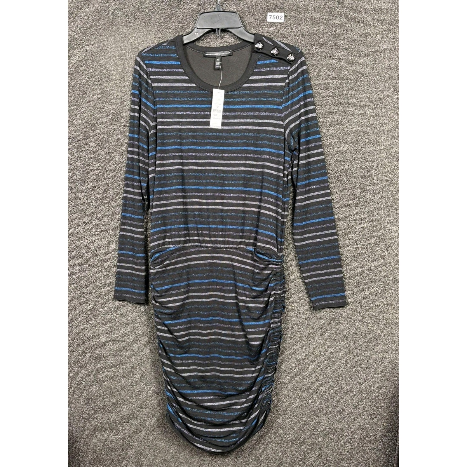 White House Black Market Dress Womens Medium Black Striped Ruched Mini Bodycon